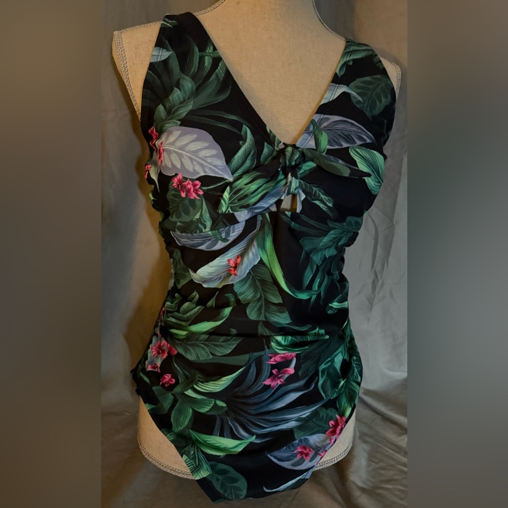 Kona Sol Tropical Floral One Piece Swimsuit - Black and Green